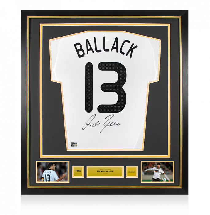 icons Michael Ballack Official FIFA World Cup™ Back Signed and Framed Germany 2008-09 Home Shirt
