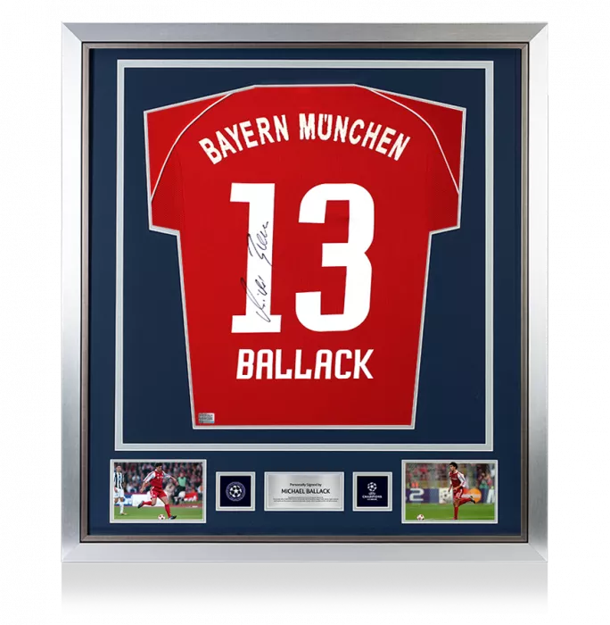 icons Michael Ballack Official UEFA Champions League Back Signed and Framed FC Bayern Munich 2006-07 Home Shirt