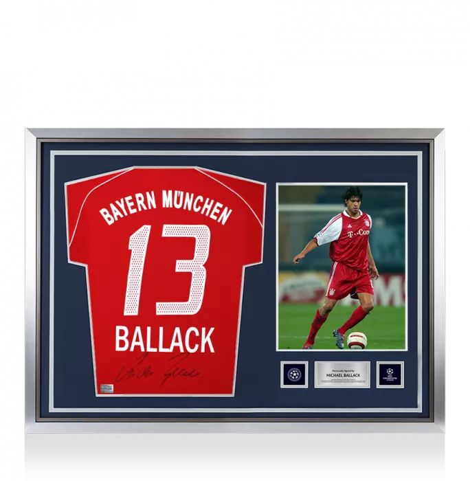 icons Michael Ballack Official UEFA Champions League Back Signed and Hero Framed FC Bayern Munich 2005-06 Home Shirt
