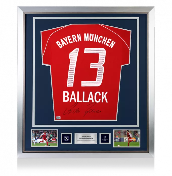 icons Michael Ballack Official UEFA Champions League Back Signed and Framed FC Bayern Munich 2005-06 Home Shirt