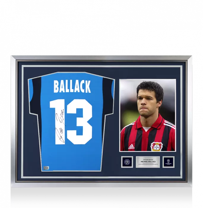 icons Michael Ballack Official UEFA Champions League Back Signed and Hero Framed Bayer 04 Leverkusen 2001-03 Away Shirt