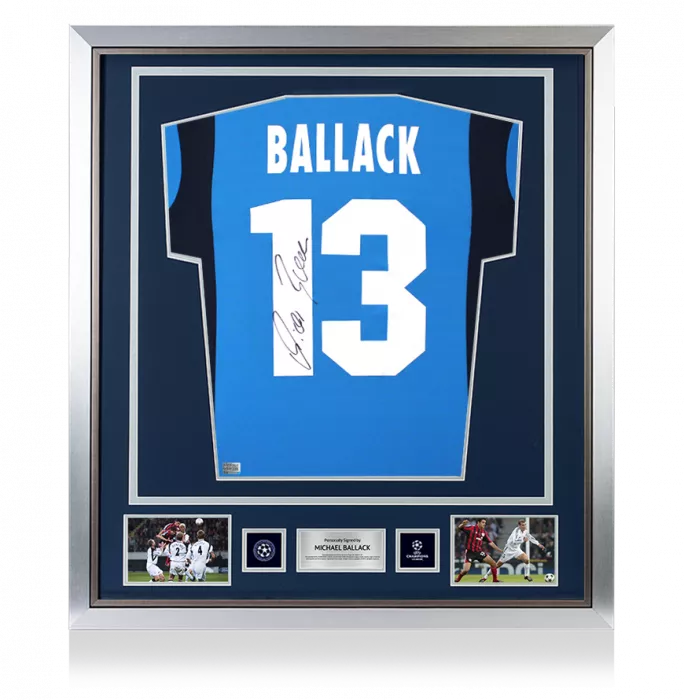 icons Michael Ballack Official UEFA Champions League Back Signed and Framed Bayer 04 Leverkusen 2001-03 Away Shirt