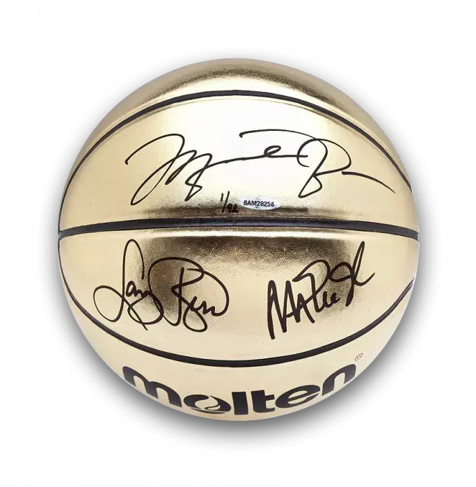Icons Michael Jordan Magic Johnson & Larry Bird Signed Molten Gold Trophy Basketball