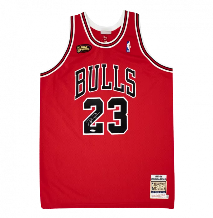icons Michael Jordan Signed 1997-98 Chicago Bulls NBA Finals Patch Red Authentic Mitchell & Ness Jersey
