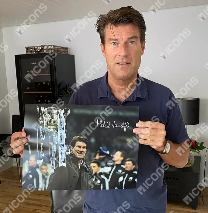 Icons Michael Laudrup Signed Swansea Photo In Black Wooden Frame: 2013 League Cup Winner