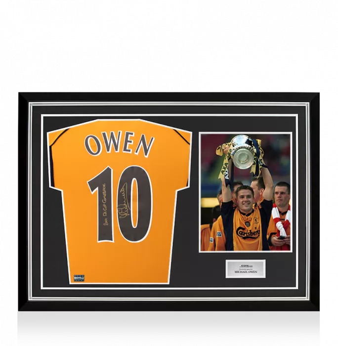 icons Michael Owen Back Signed Liverpool 2000-01 Away Shirt - 2001 FA Cup Comeback Inscription In Hero Frame: Option 1