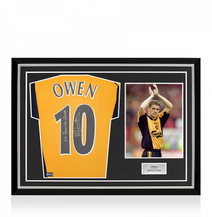 icons Michael Owen Back Signed Liverpool 2000-01 Away Shirt - 2001 Ballon d'Or Winner Inscription In Hero Frame: Option 1