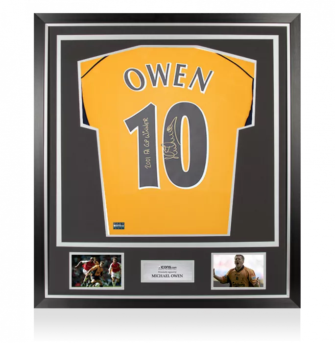 icons Michael Owen Back Signed Liverpool FC 2000 Away Shirt - "2001 FA Cup Winner" Inscription In Classic Frame