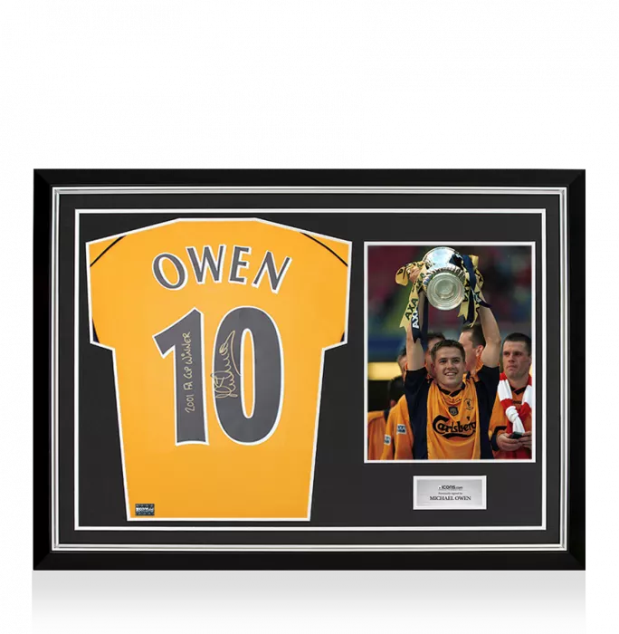 icons Michael Owen Back Signed Liverpool FC 2000 Away Shirt - "2001 FA Cup Winner" Inscription In Hero Frame: Option 1