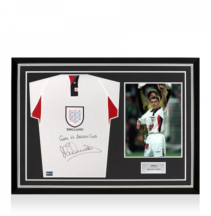 icons Michael Owen Front Signed England 1998 Home Shirt - Goal vs Argentina Inscription In Hero Frame: Option 1