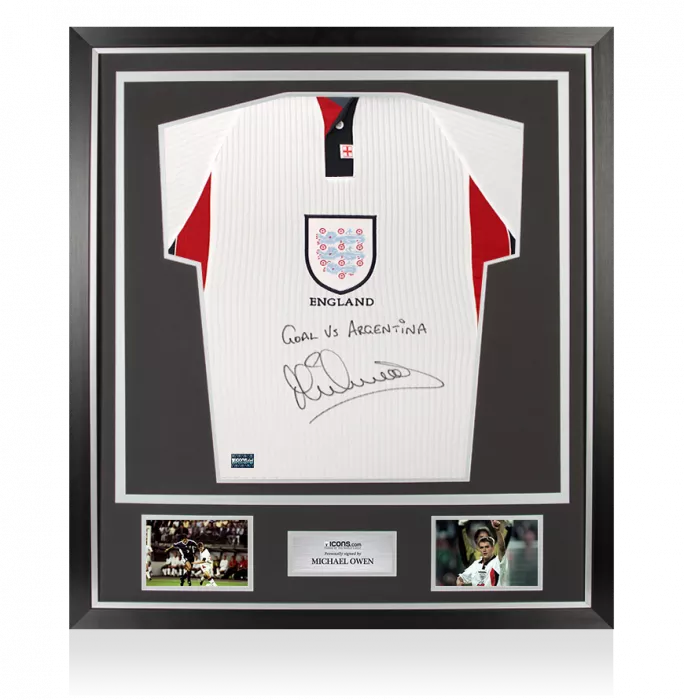 icons Michael Owen Front Signed England 1998 Home Shirt - Goal vs Argentina Inscription In Classic Frame