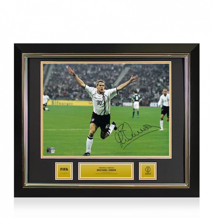 icons Michael Owen Official 2002 FIFA World Cup™ Signed and Framed England Photo: Goal vs Germany