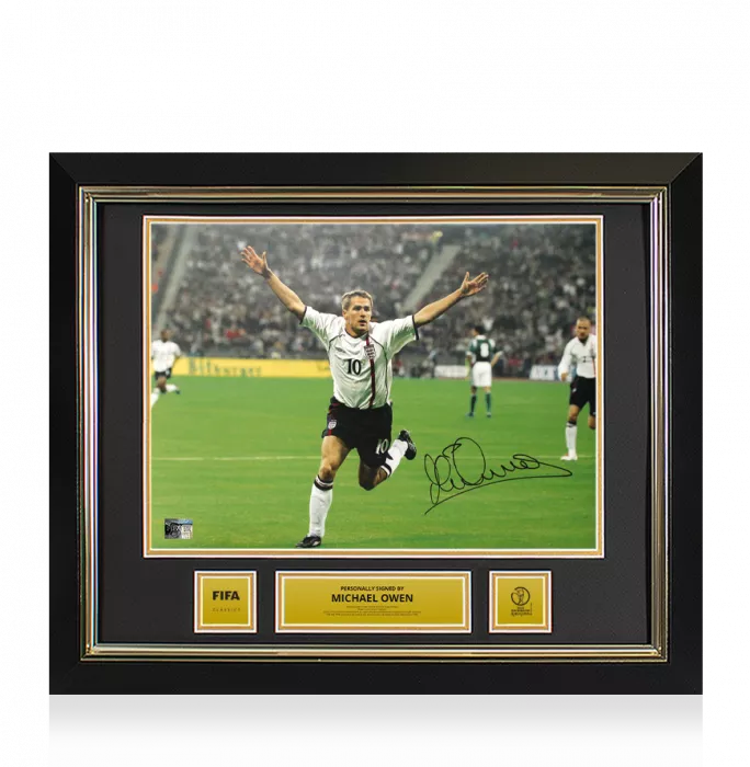icons Michael Owen Official 2002 FIFA World Cup™ Signed and Framed England Photo: Goal vs Germany