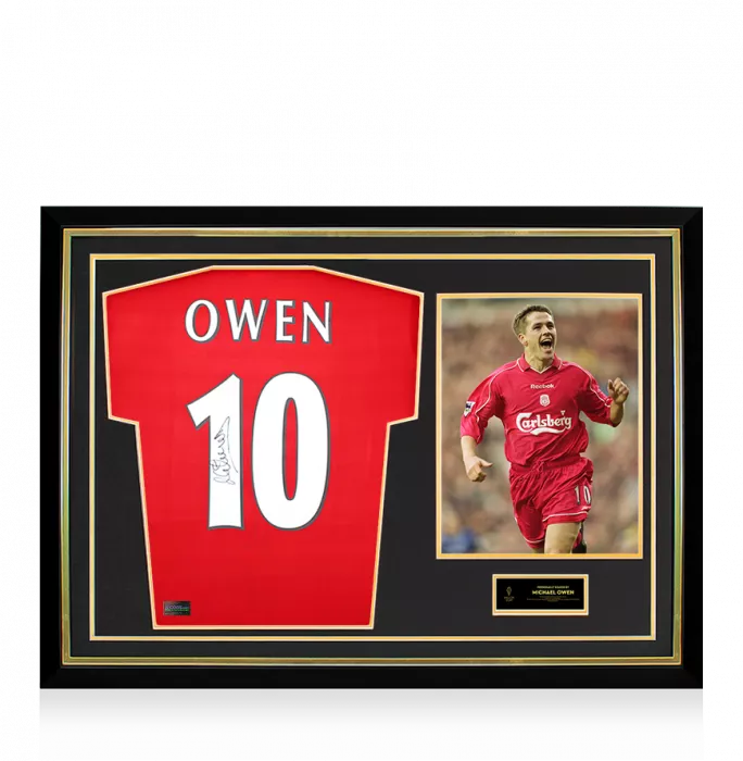 icons Michael Owen Official Ballon d'Or™ Back Signed and Hero Framed Liverpool FC 1998 Home Shirt