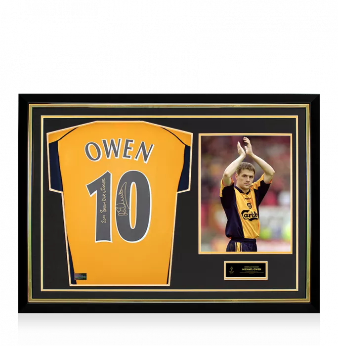 icons Michael Owen Official Ballon d'Or™ Back Signed and Hero Framed Liverpool FC 2000 Away Shirt - "2001 Ballon d'Or Winner" Inscription