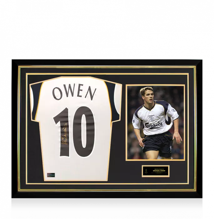icons Michael Owen Official Ballon d'Or™ Back Signed and Hero Framed Liverpool 2001-02 Away Shirt