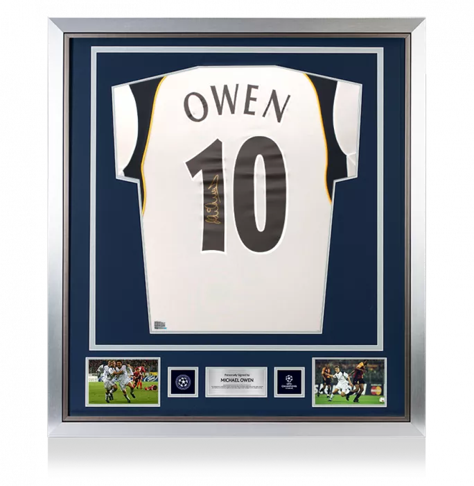 icons Michael Owen Official UEFA Champions League Back Signed and Framed Liverpool 2001-02 Away Shirt