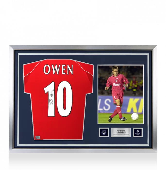 icons Michael Owen Official UEFA Champions League Back Signed and Hero Framed Liverpool 2000-01 Home Shirt