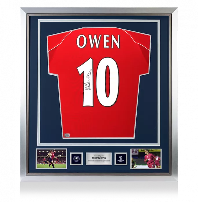 icons Michael Owen Official UEFA Champions League Back Signed and Framed Liverpool 2000-01 Home Shirt