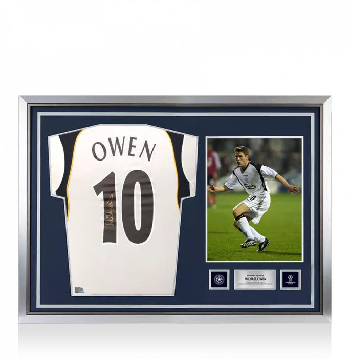 icons Michael Owen Official UEFA Champions League Back Signed and Hero Framed Liverpool 2001-02 Away Shirt