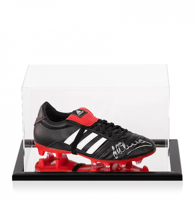 icons Michael Owen Signed Black and Red Adidas Gloro Boot In Acrylic Case