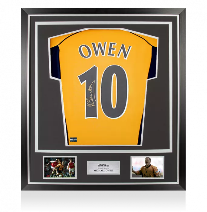 icons Michael Owen Signed Liverpool FC 2000 Away Shirt with Fan Style Numbers In Classic Frame