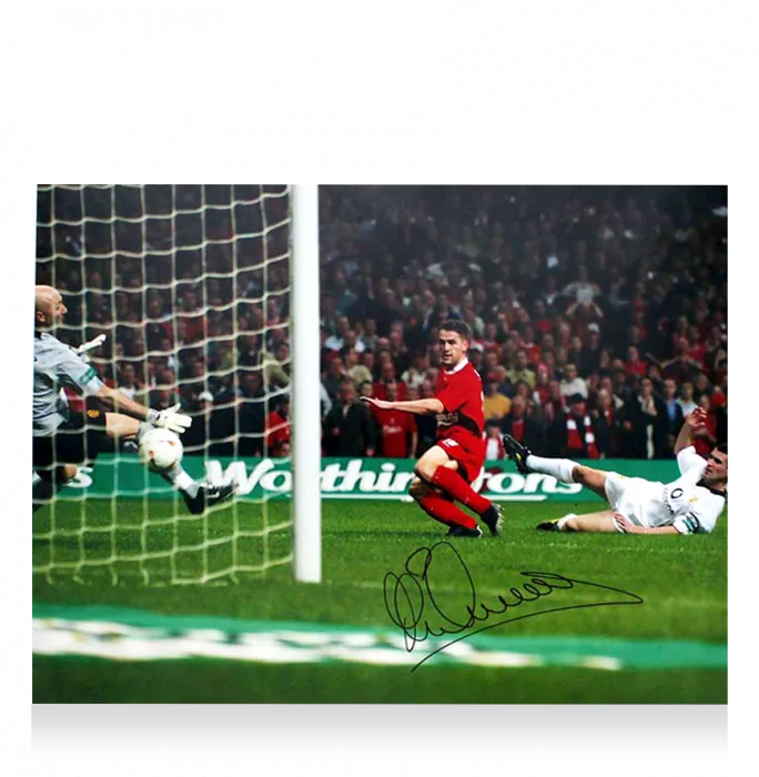 Icons Michael Owen Signed Liverpool FC Photo In Premium Photo Frame: Scoring Against Manchester United