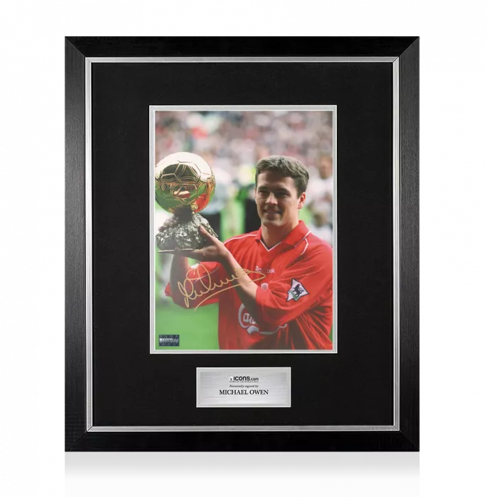 icons Michael Owen Signed Liverpool Photo In Premium Photo Frame: 2001 Ballon d'Or Winner