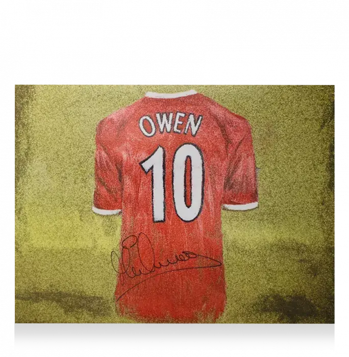 Icons Michael Owen Signed Liverpool Shirt Artwork Print In Black Wooden Frame