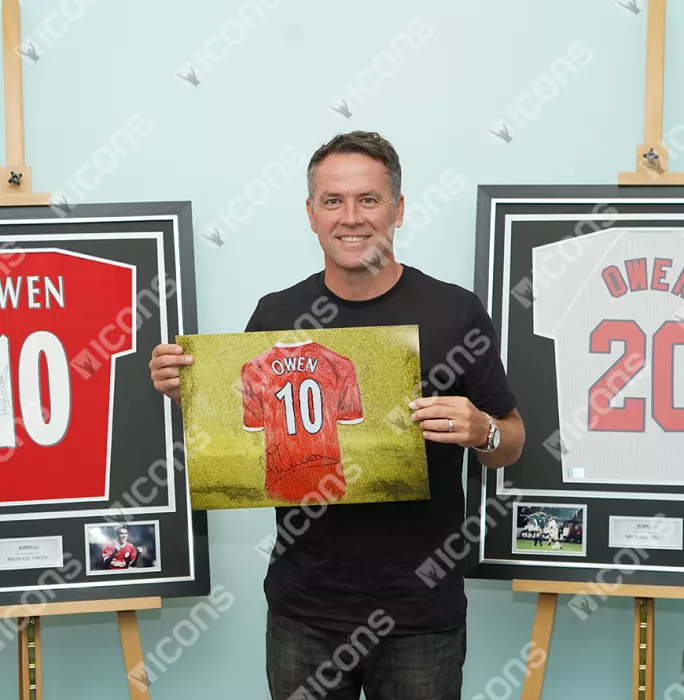 Icons Michael Owen Signed Liverpool Shirt Artwork Print In Black Wooden Frame