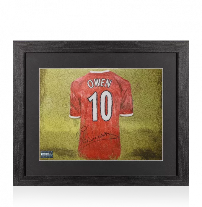 icons Michael Owen Signed Liverpool Shirt Artwork Print In Black Wooden Frame
