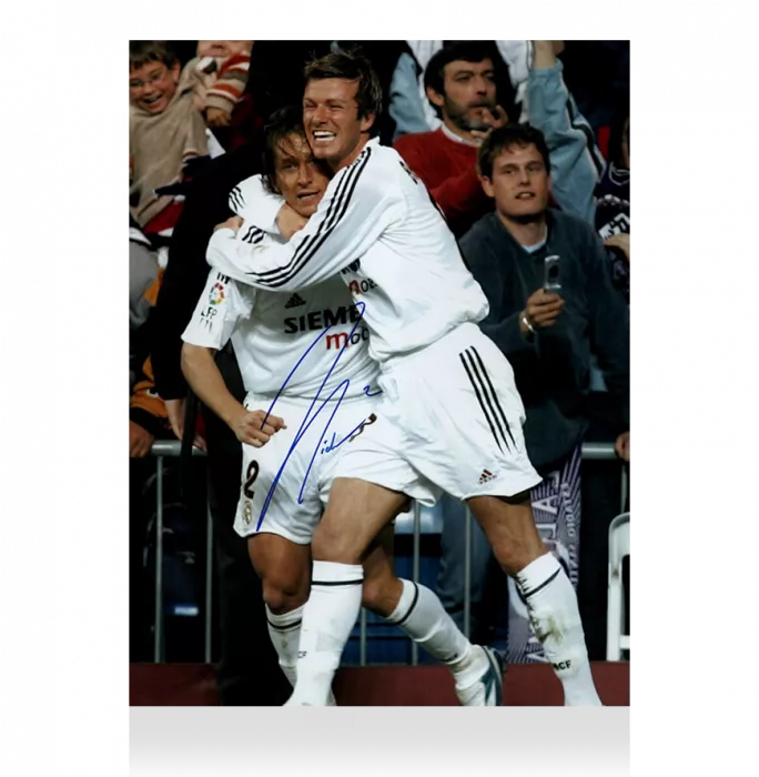 icons Michel Salgado Signed Real Madrid Photo: Celebrating With David Beckham