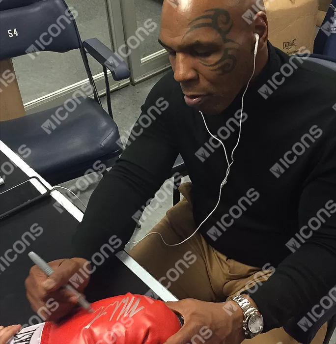 Icons Mike Tyson Signed Red Everlast Boxing Glove With Silver Signature In Acrylic Case