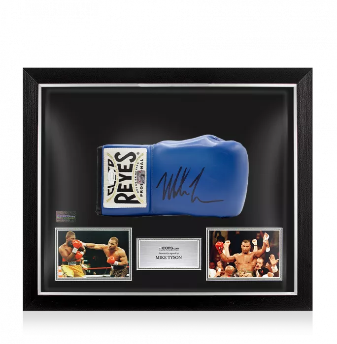 icons Mike Tyson Signed Reyes Blue Boxing Glove In Bubble Frame: Option 1