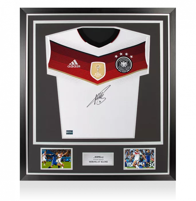 icons Miroslav Klose Front Signed Germany 2014 Home Shirt with FIFA World Cup Winners Badge In Classic Frame