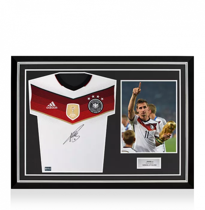 icons Miroslav Klose Front Signed Germany 2014 Home Shirt with FIFA World Cup Winners Badge In Hero Frame: Option 1