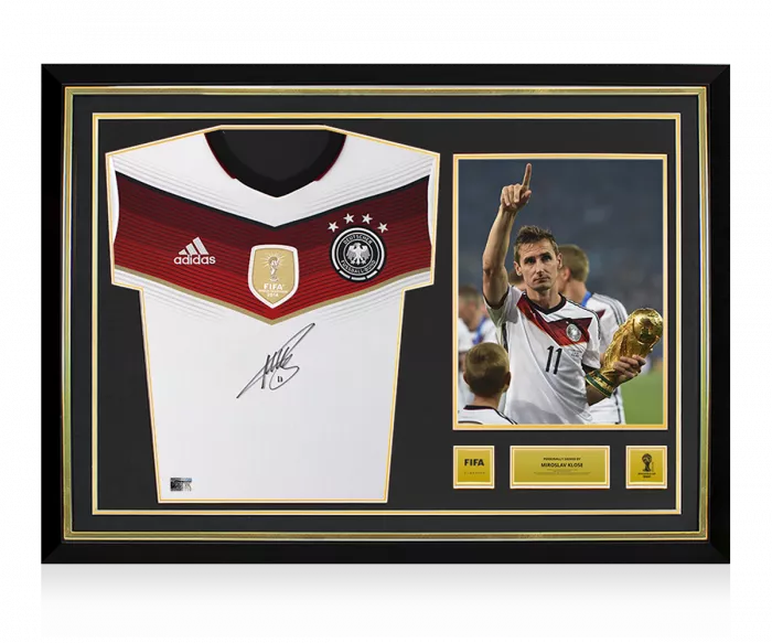 icons Miroslav Klose Official 2014 FIFA World Cup™ Front Signed and Hero Framed Germany 2014 Home Shirt with FIFA World Cup Winners Badge