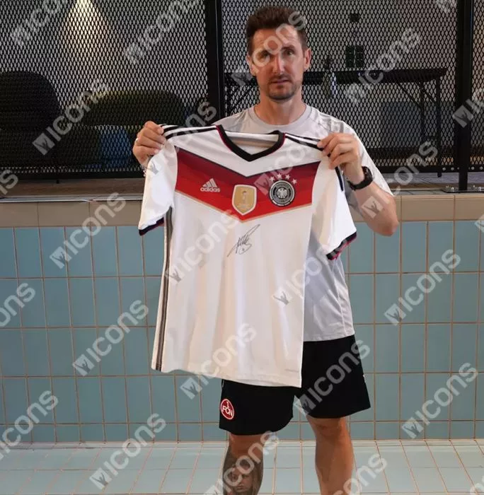 Icons Miroslav Klose Official 2014 FIFA World Cup™ Front Signed And Framed Germany 2014 Home Shirt With FIFA World Cup Winners Badge