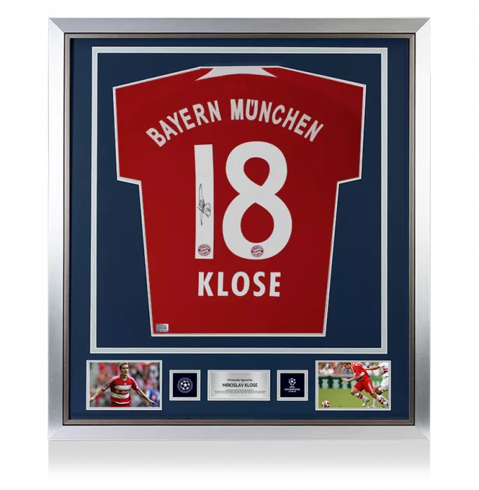 icons Miroslav Klose Official UEFA Champions League Back Signed and Framed FC Bayern Munich 2007-08 Home Shirt