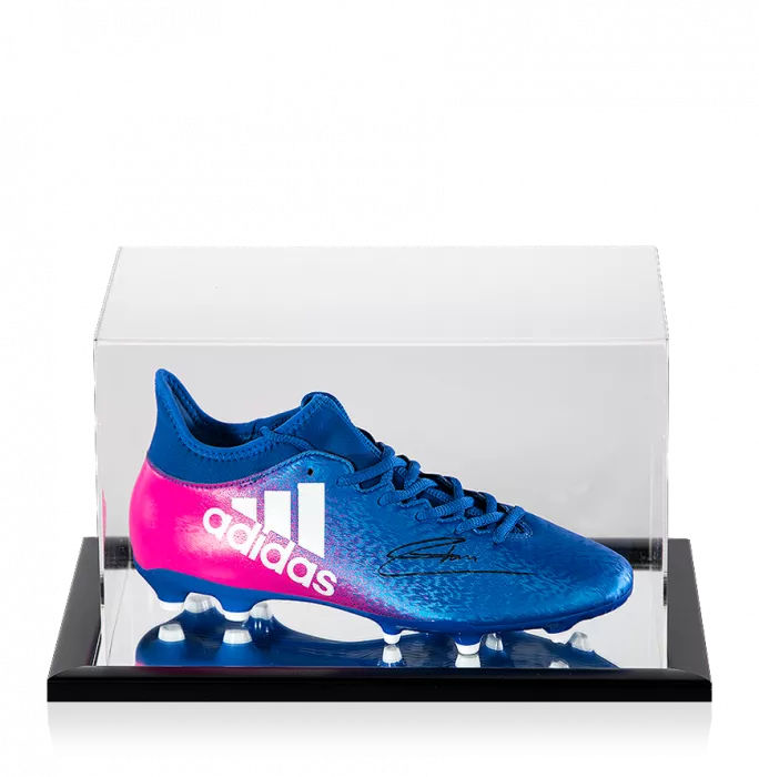 icons Mousa Dembele Signed Blue and Pink Adidas X Techfit Boot In Acrylic Case