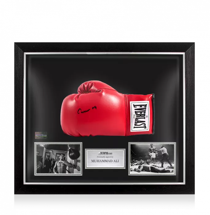 icons Muhammad Ali Signed Red Everlast Boxing Glove: Cassius Clay Signature Edition In Bubble Frame: Option 1