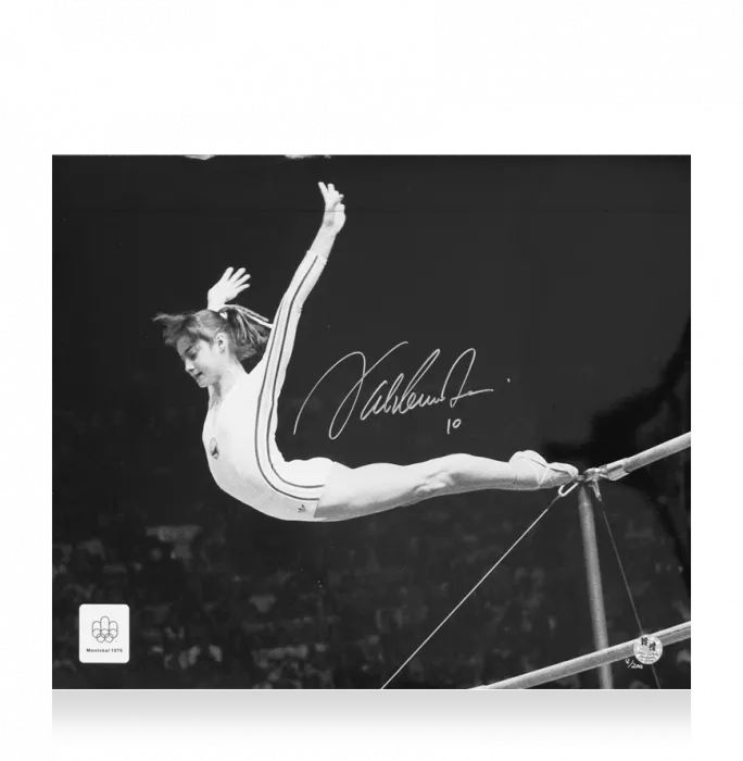 icons Nadia Comaneci Signed Photo: Montreal 1976 Uneven Bars Gold