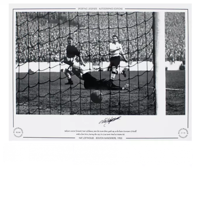 Icons Nat Lofthouse Signed Bolton Wanderers Photo In Black Wooden Frame: 1953 FA Cup Semi-Final Goal V Everton