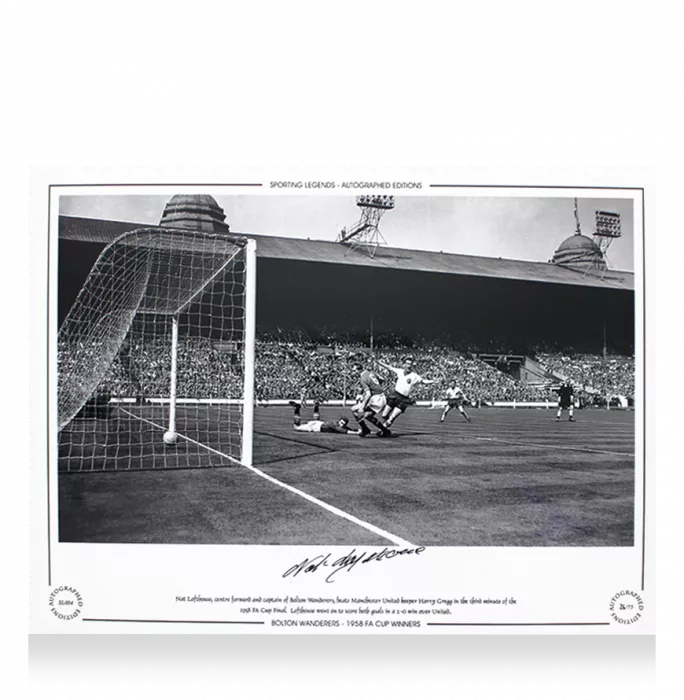 Icons Nat Lofthouse Signed Bolton Wanderers Photo In Black Wooden Frame: 1958 FA Cup Final V Manchester United