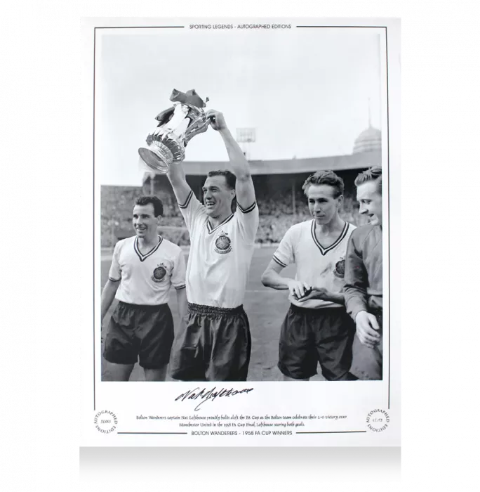 Icons Nat Lofthouse Signed Bolton Wanderers Photo In Black Wooden Frame: 1958 FA Cup Final Winner