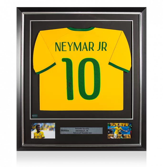 icons Neymar Jr Back Signed and Framed Brazil 2014-15 Home Shirt With Fan Style Numbers