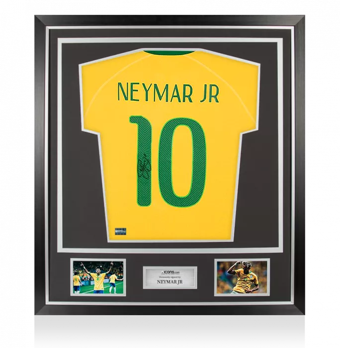 icons Neymar Jr Back Signed Brazil 2014-15 Home Shirt With Fan Style Numbers In Classic Frame