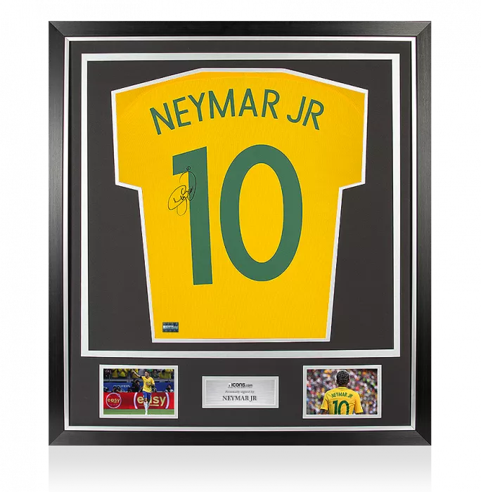 icons Neymar Jr Back Signed Brazil 2016-17 Home Shirt With Fan Style Numbers In Classic Frame
