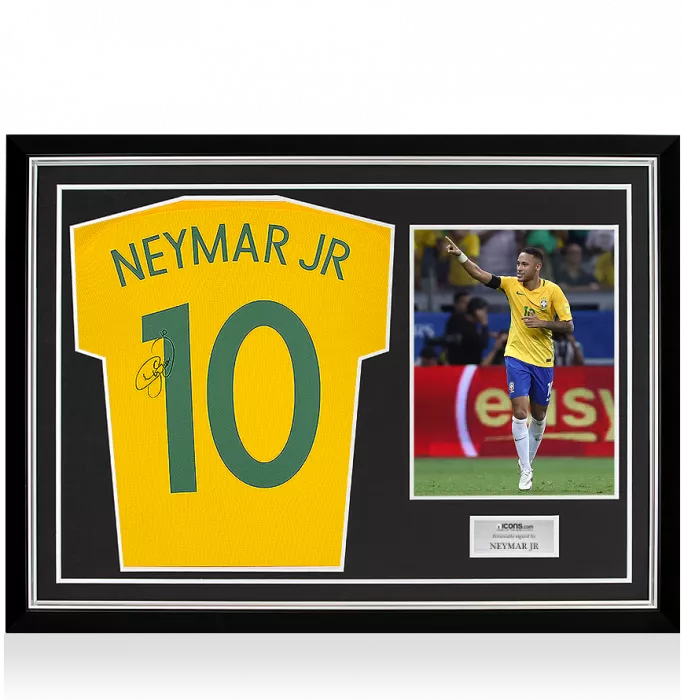 icons Neymar Jr Back Signed Brazil 2016-17 Home Shirt With Fan Style Numbers In Hero Frame: Option 1