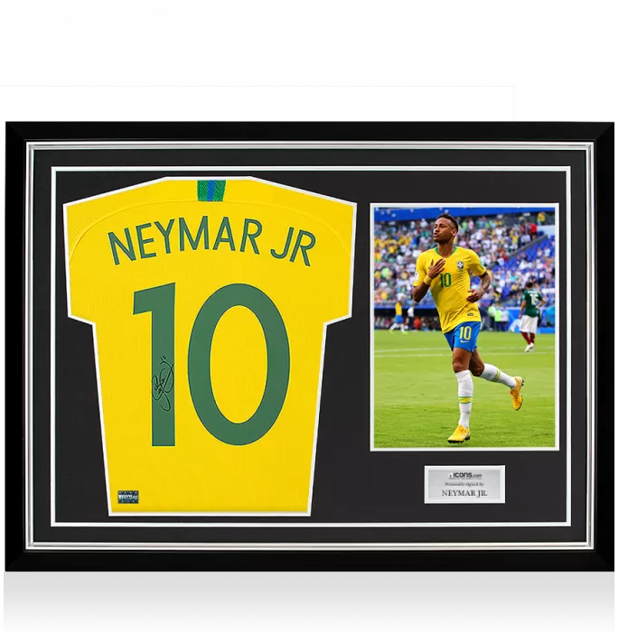 icons Neymar Jr Back Signed Brazil 2018 Shirt With Fan Style Numbers: 2016 Style In Hero Frame: Option 1